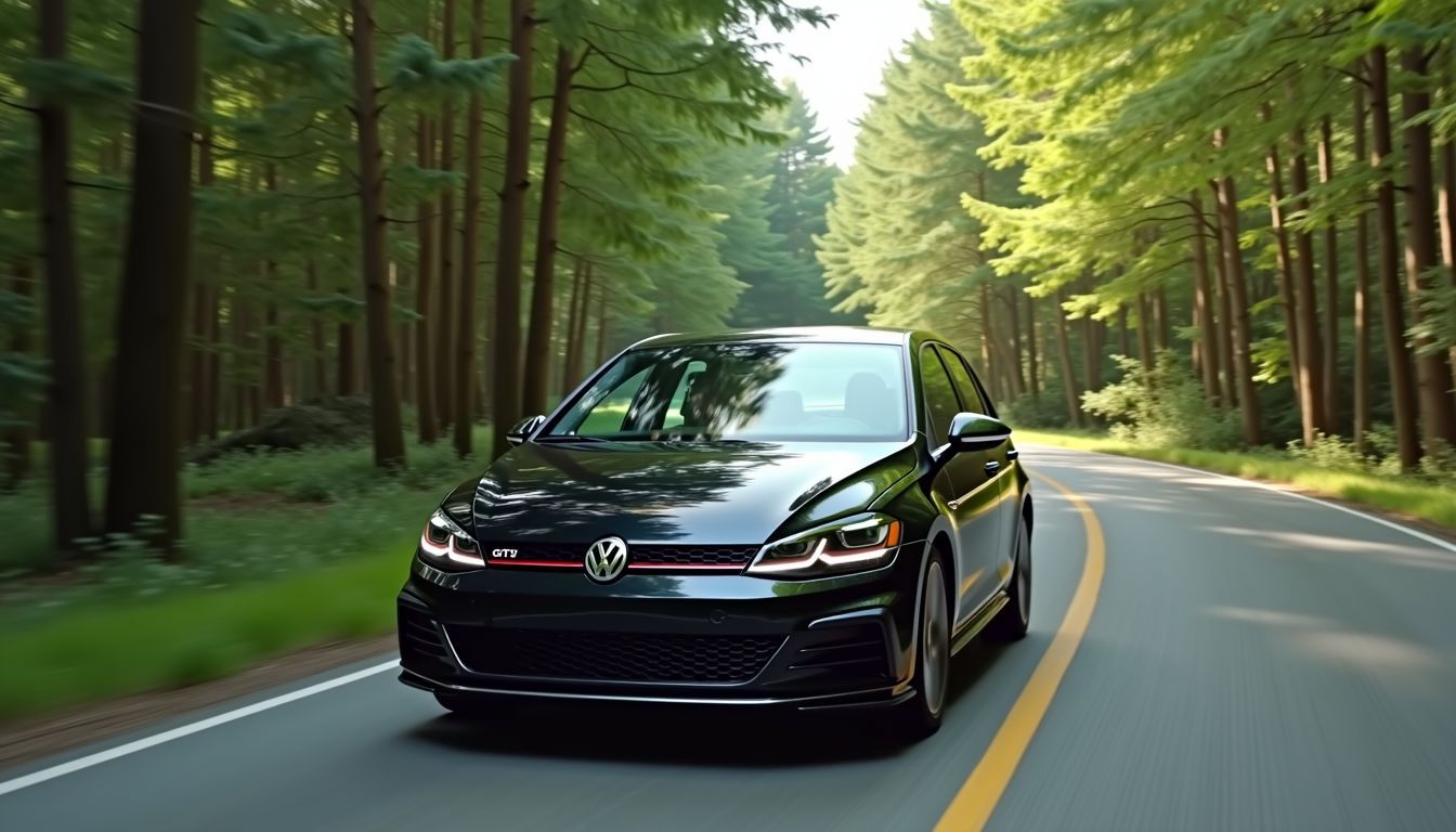A man drives a 2023 Volkswagen Golf GTI through a forest. A man drives a 2023 Volkswagen Golf GTI through a forest.