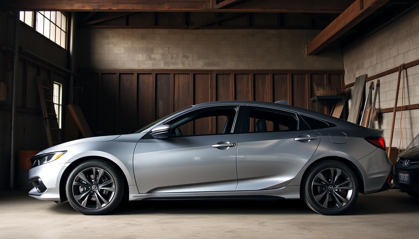 A metallic silver 2024 Acura Integra in a rustic garage.