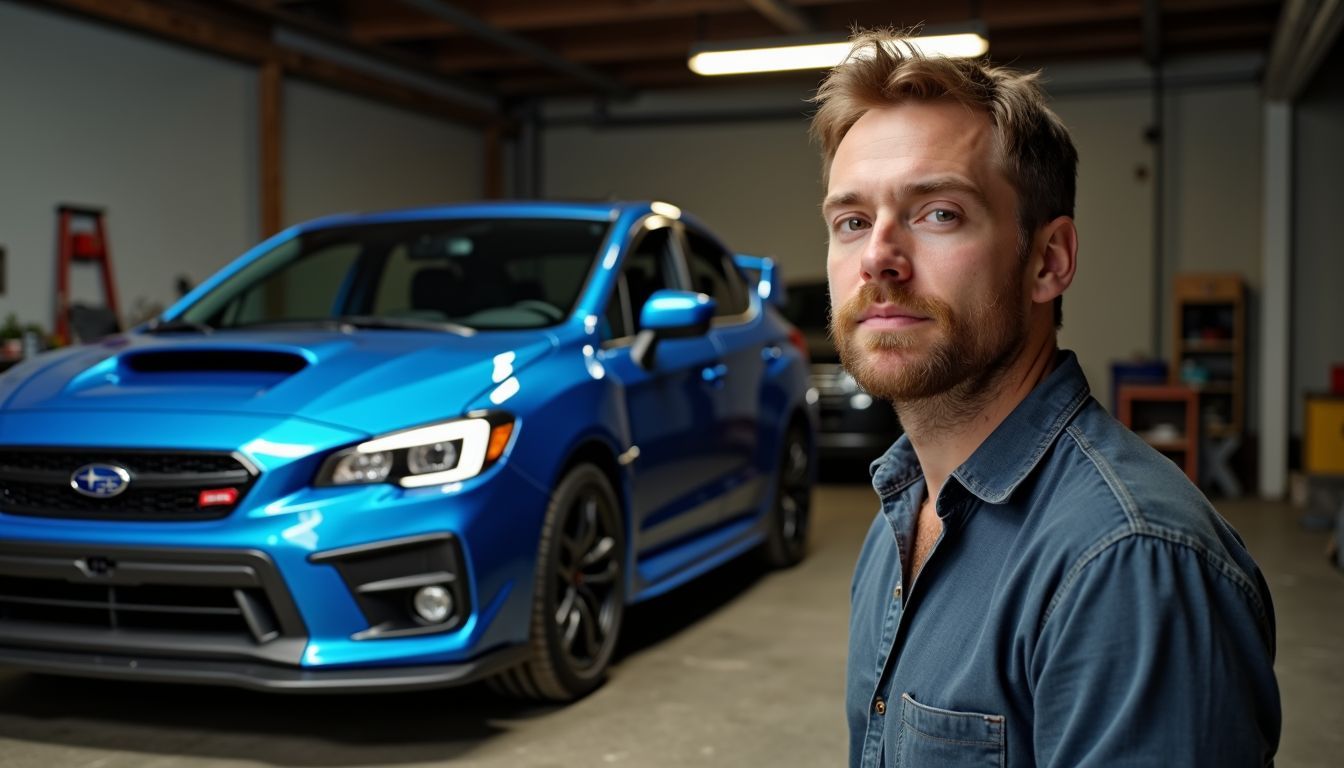 A man stands next to a 2024 Subaru WRX in a garage.