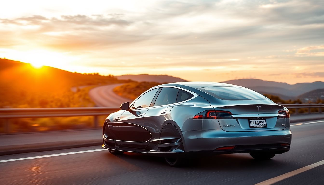 A Tesla Model S driving on a scenic highway during sunset.
